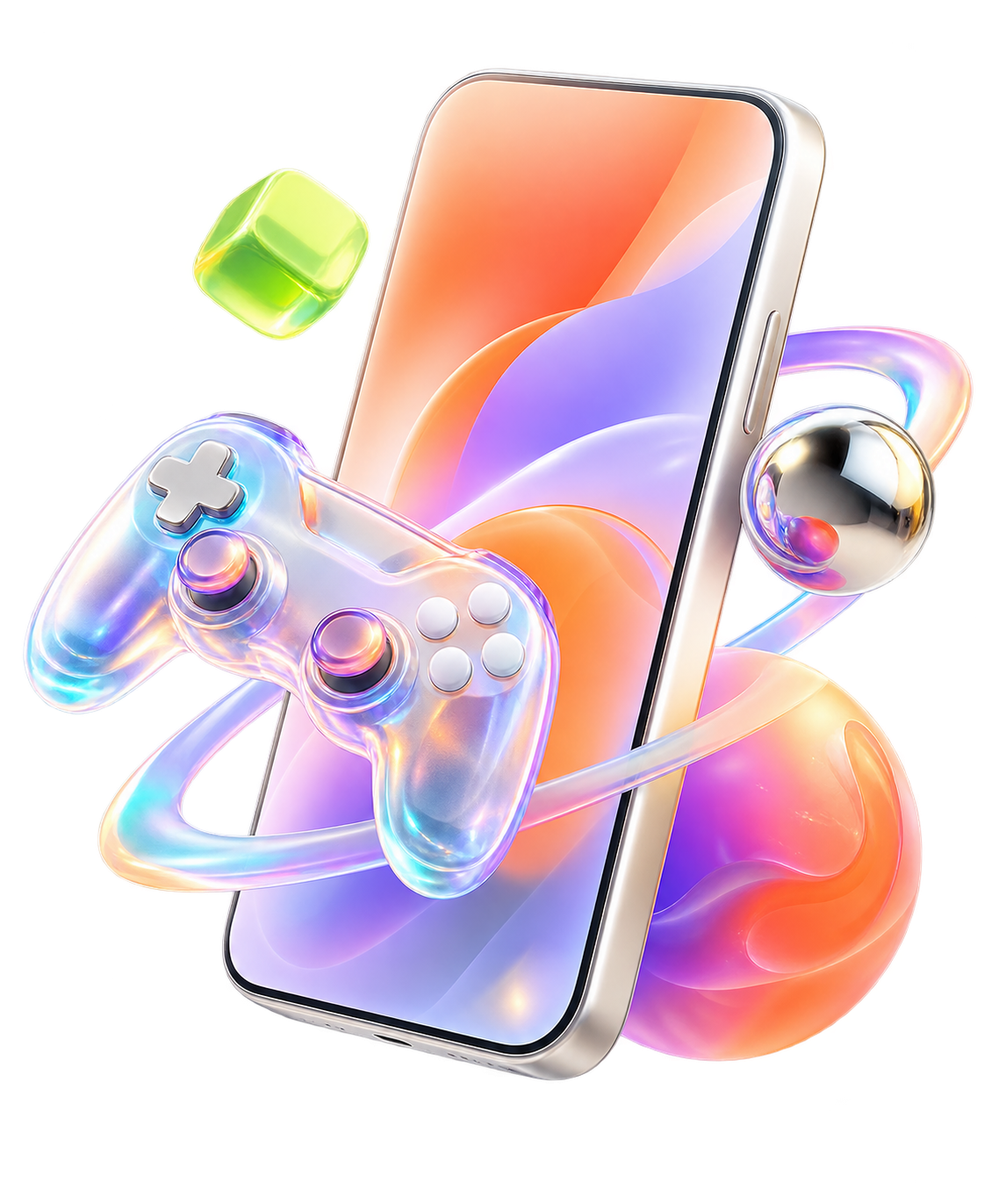 Soft 3D smartphone, translucent game controller, and orbiting forms